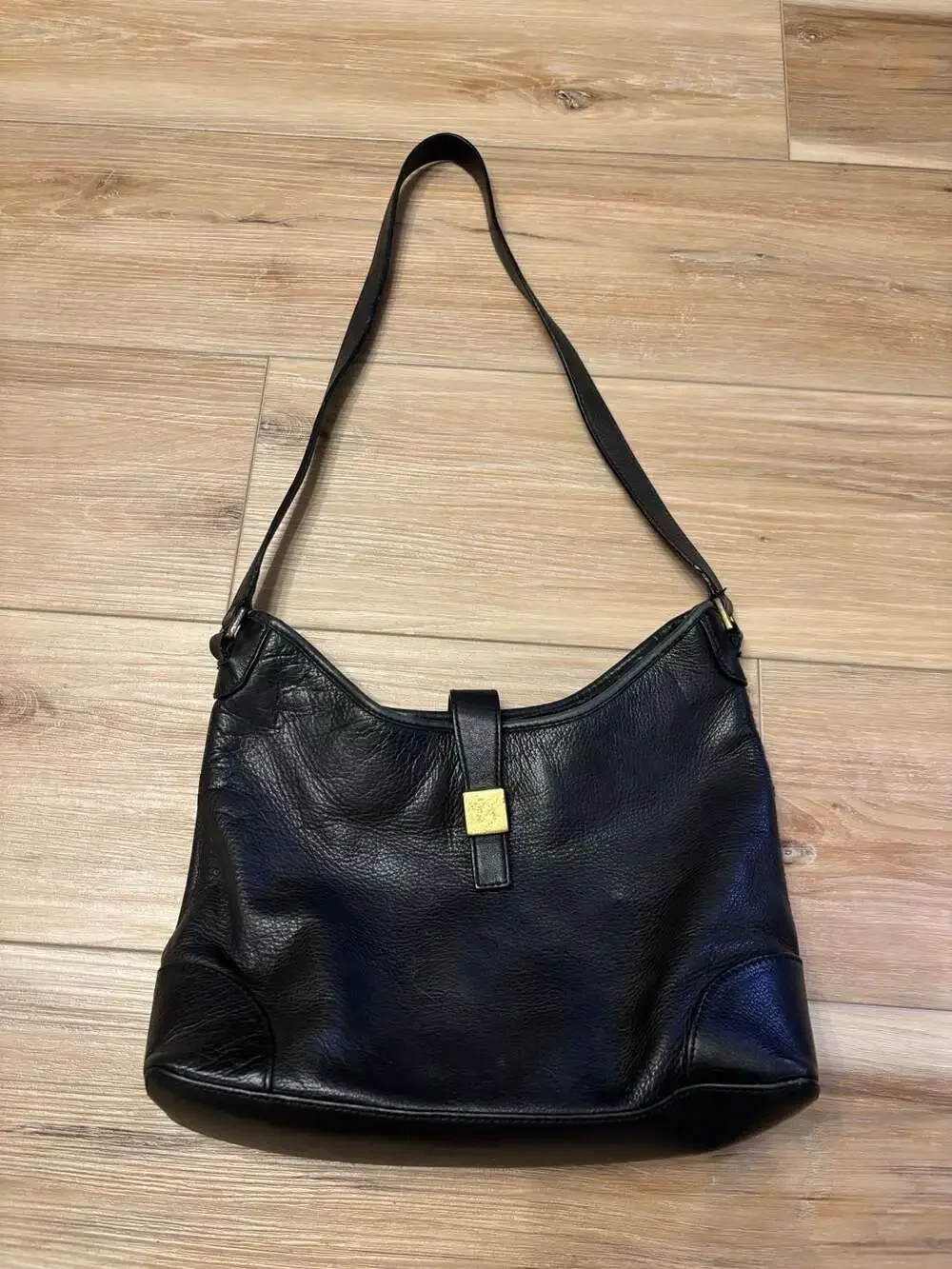 Mila Paoli Black Genuine Leather Shoulder Hobo Bag with Gold-Tone Hardware